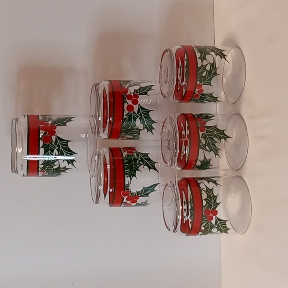 MCM Christmas Vintage Libbey Holly Berry Graphic Clear Glass Tumblers Set Of 6